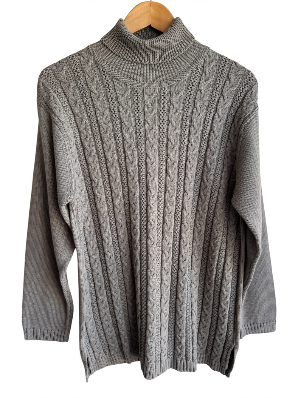 Vintage 100% Cotton Cable Knit Turtleneck Sweater Womens M Medium Gray Classic